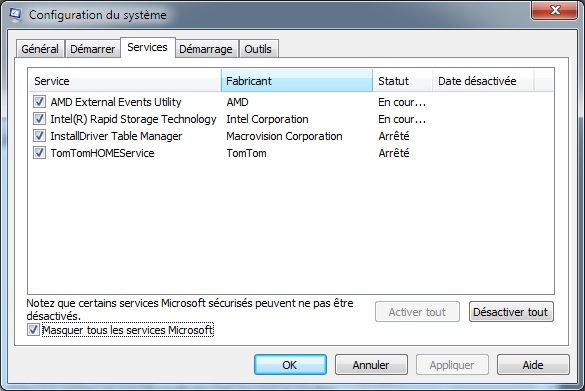 MSCONFIG : services filtrés