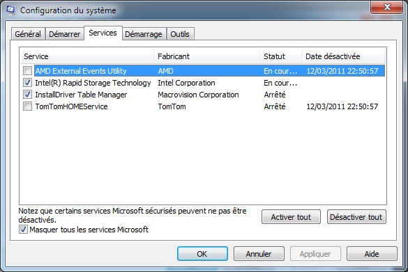MSCONFIG : Services désactivés
