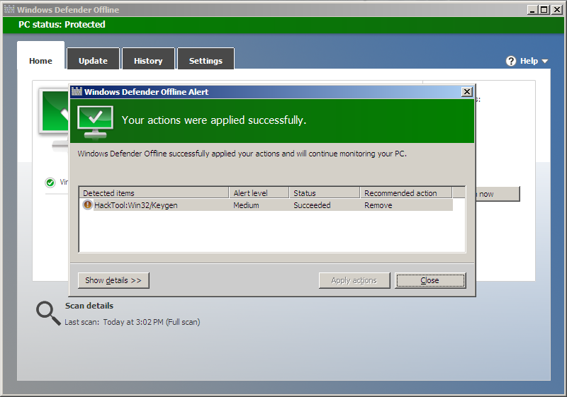 Windows Defender Offline : Fin nettoyage